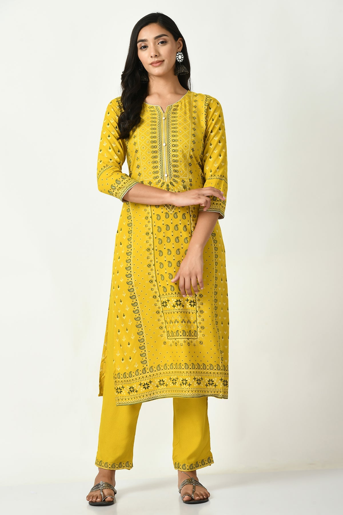 Mustard Yoke Stone Work Printed Kurta 2 Pcs Set