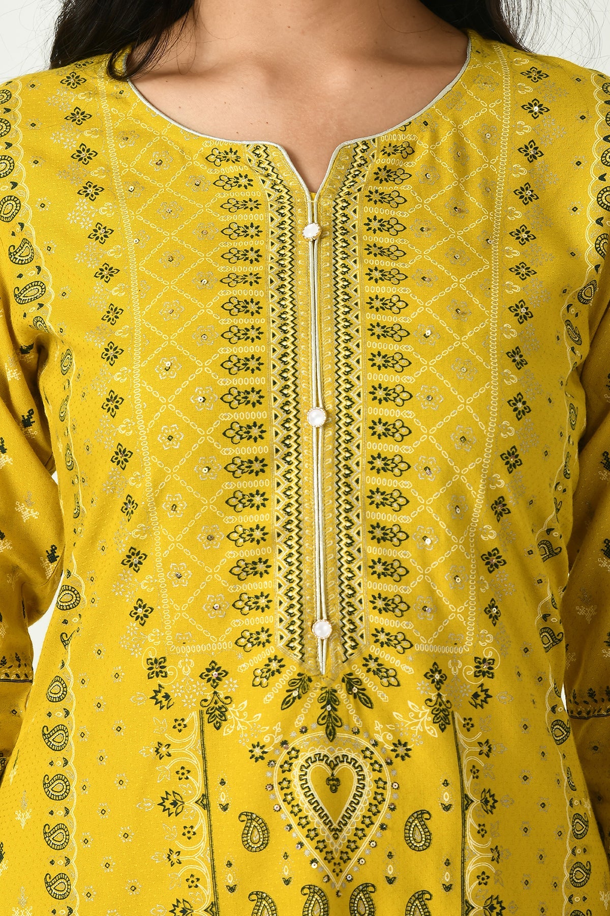 Mustard Yoke Stone Work Printed Kurta 2 Pcs Set