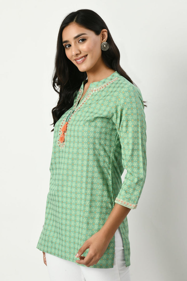 Green Yoke Embroidered Printed Top