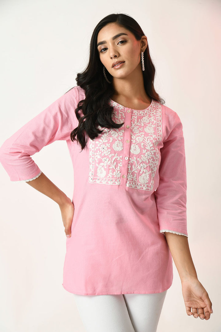 Pink Yoke Embroidered Top