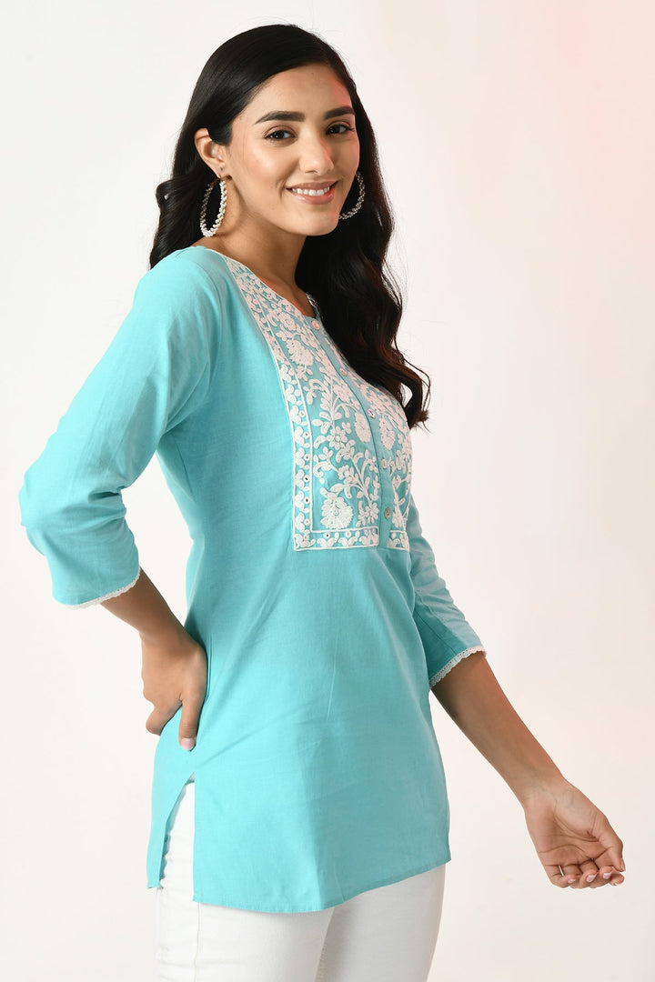 Blue Yoke Embroidered Top