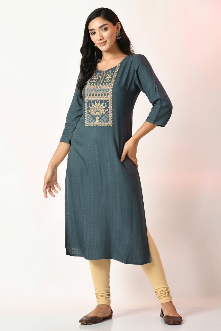 Teal Yoke Embroidered Kurta