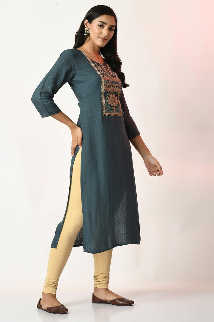 Teal Yoke Embroidered Kurta