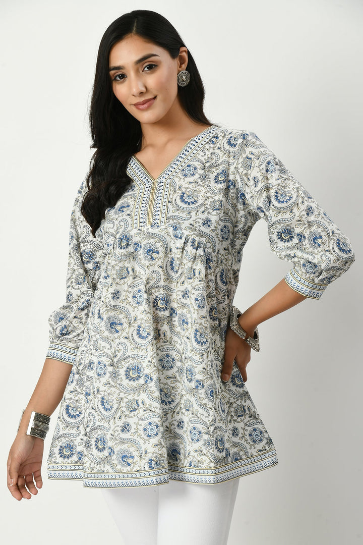White Yoke Stone Work Floral Printed Top