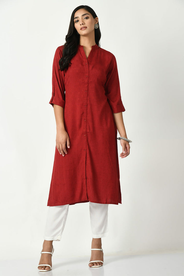 Maroon Self Design Solid Straight Kurta