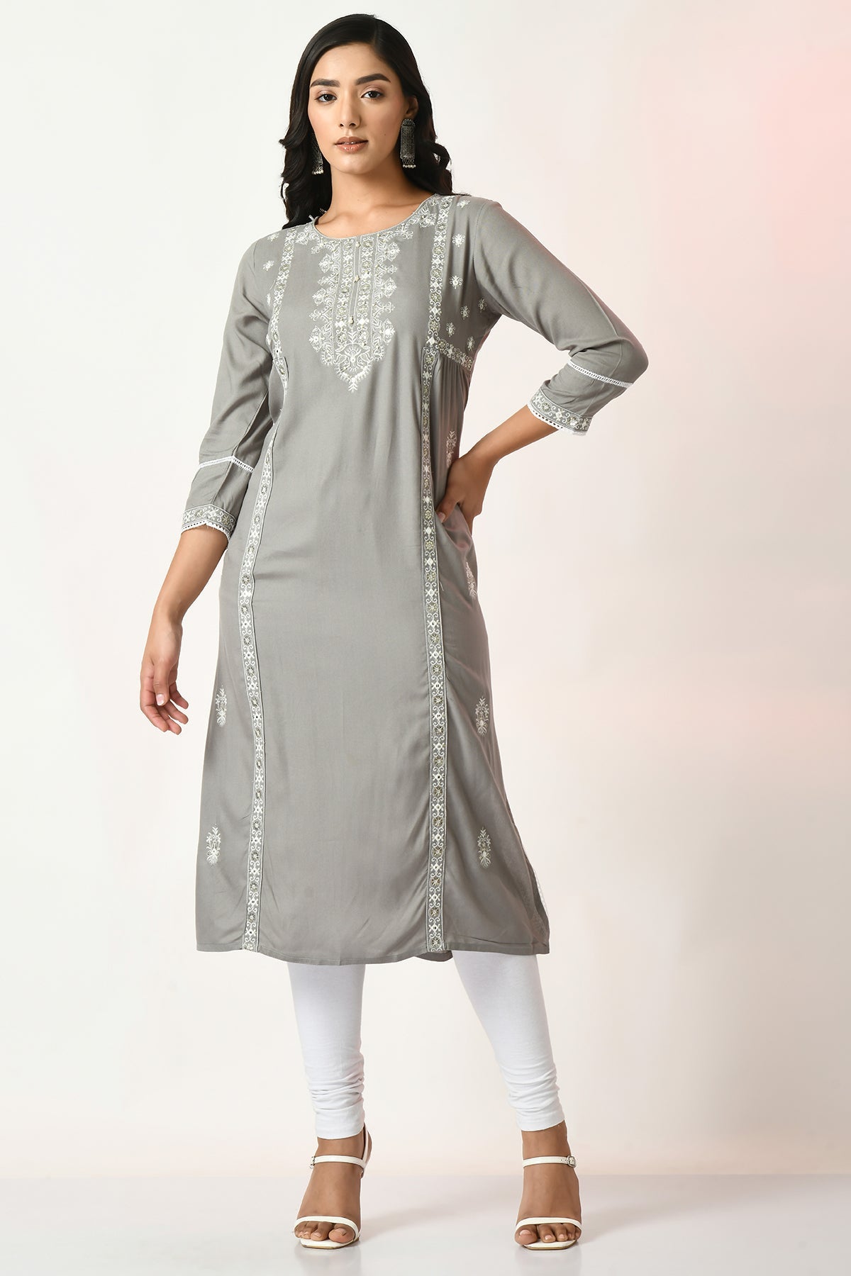 Grey Embroidered and Stone Work Kurta