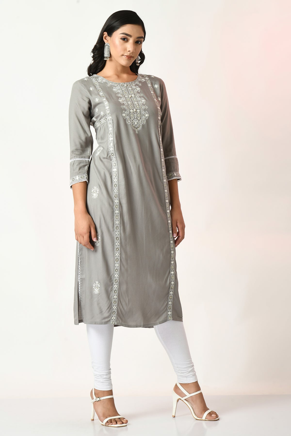 Grey Embroidered and Stone Work Kurta