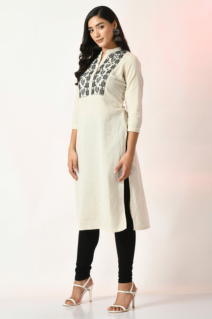 Off White Yoke Embroidered Kurta