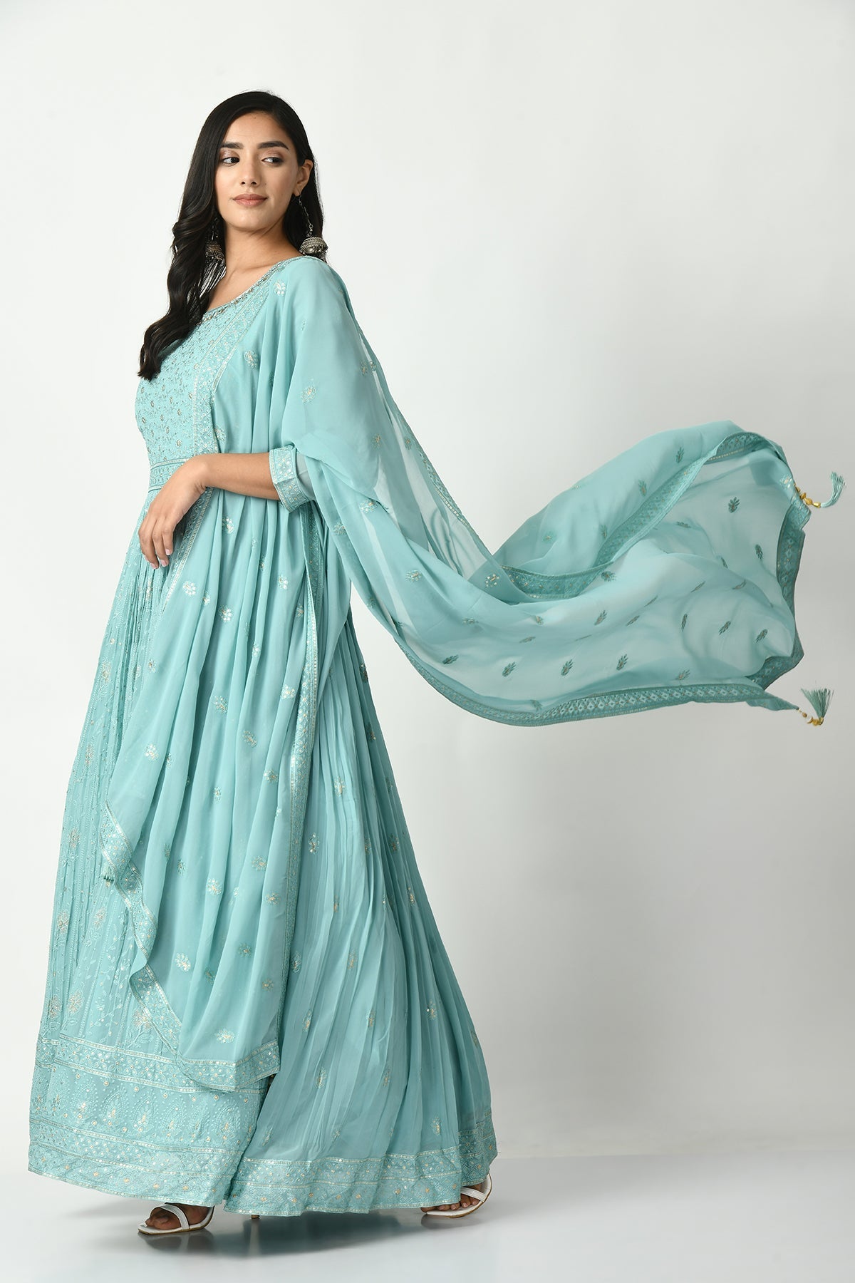 Green Embroidered Gather Dress with Dupatta