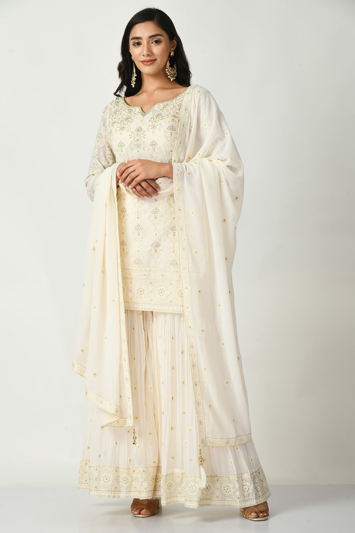 Cream Embroidered Kurta 3 Pcs Set