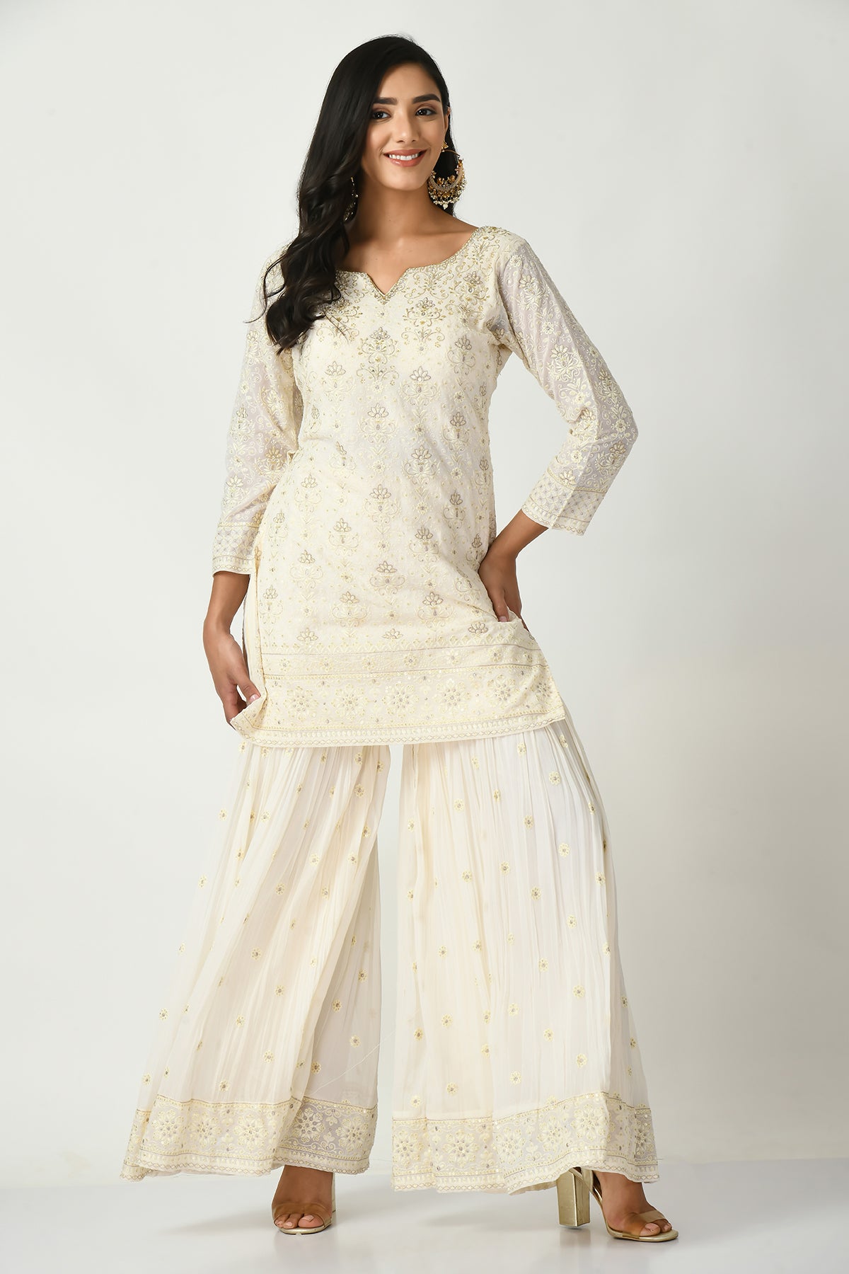 Cream Embroidered Kurta 3 Pcs Set