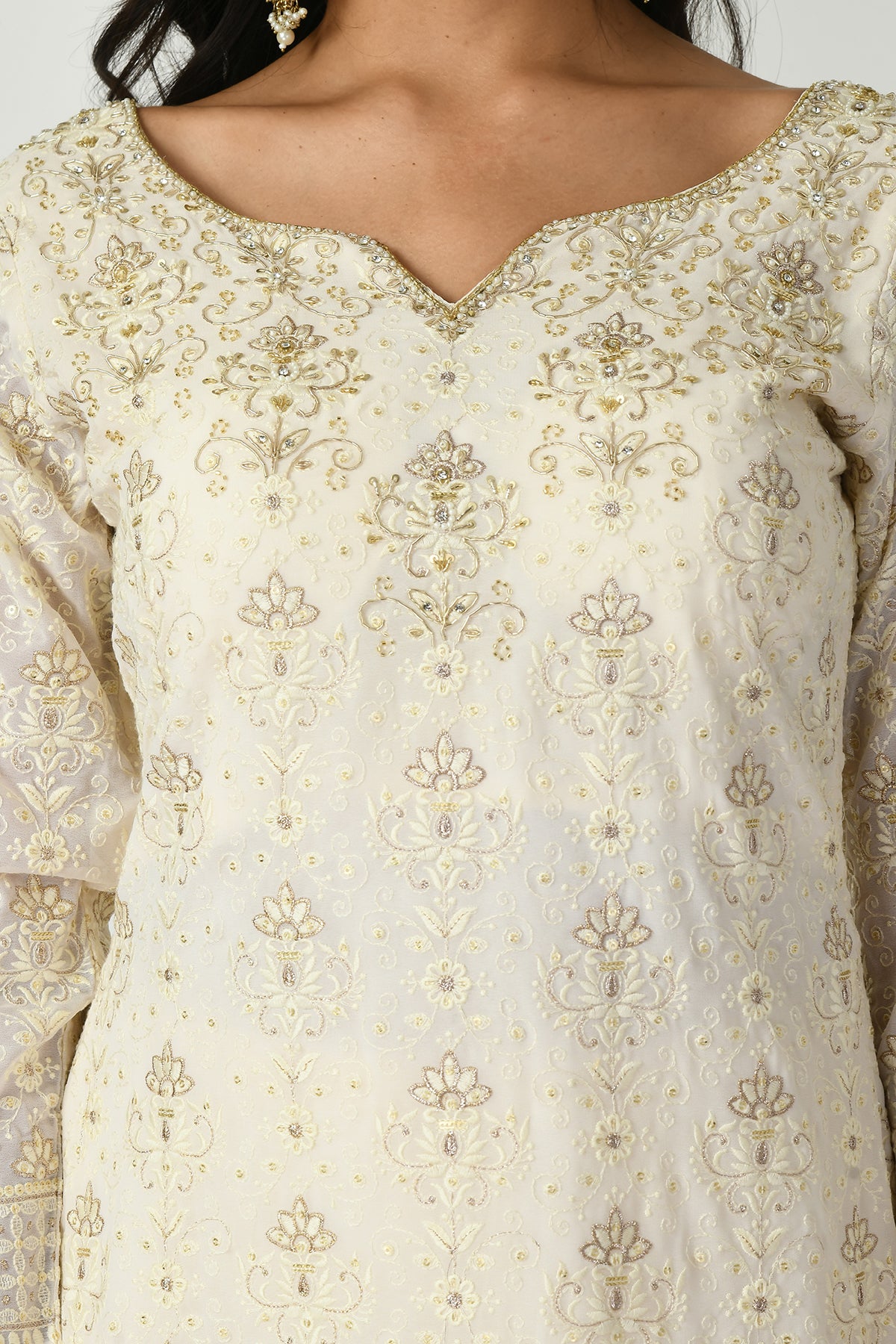Cream Embroidered Kurta 3 Pcs Set