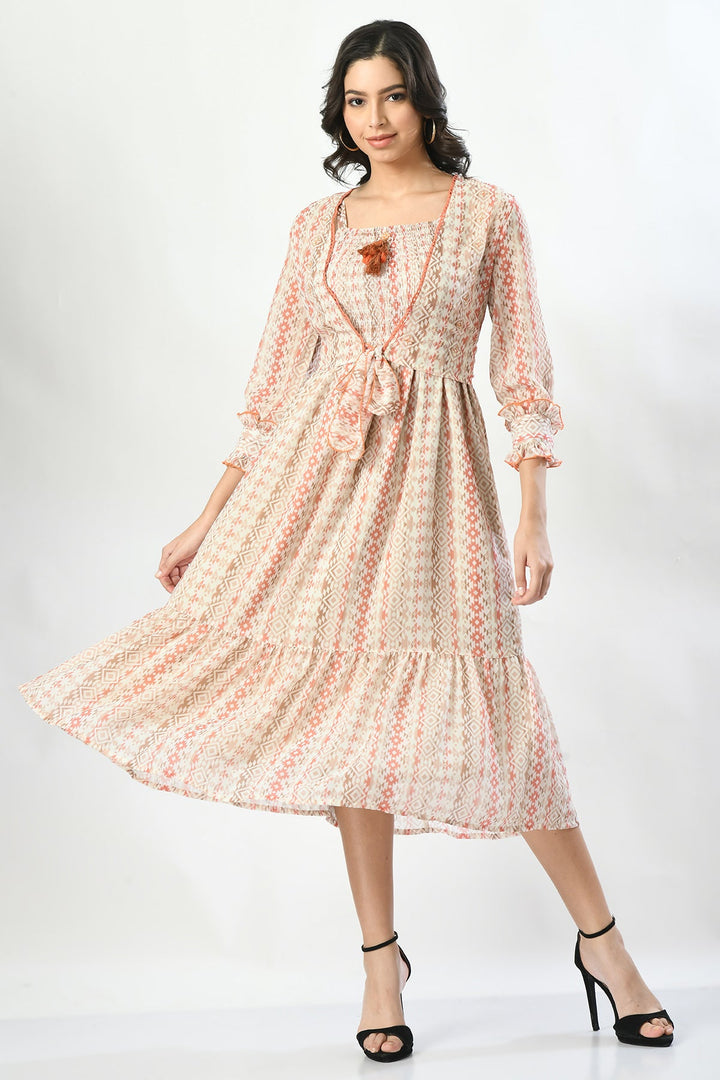 Cream Designer Printed Dress