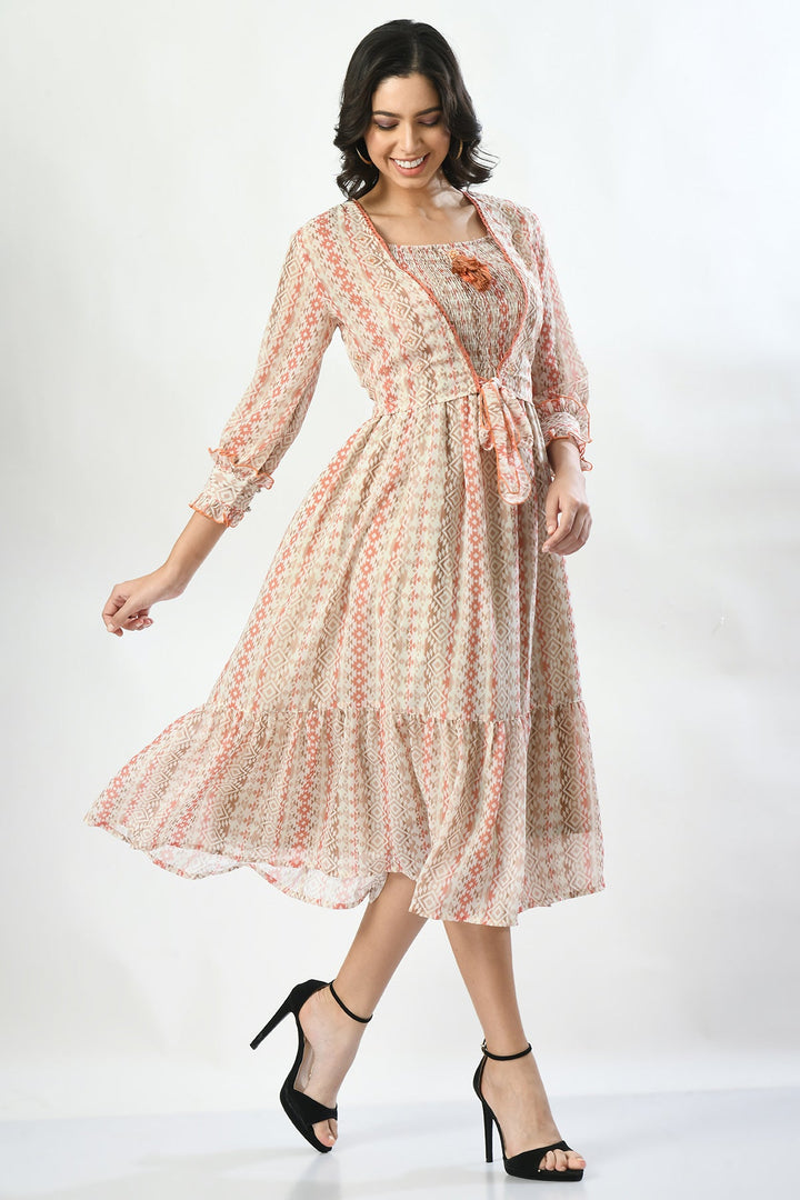 Cream Designer Printed Dress