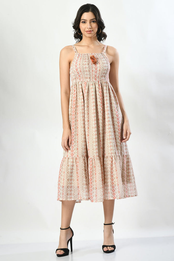 Cream Designer Printed Dress
