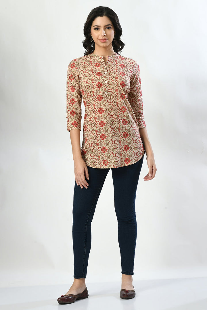 Beige Floral Printed Straight Top