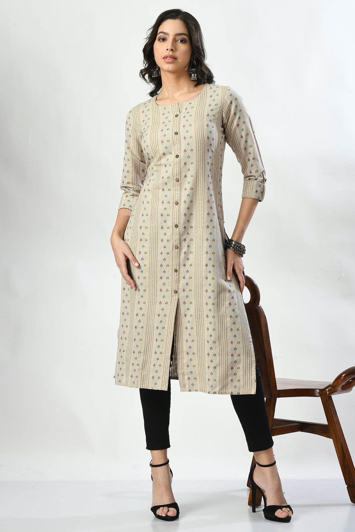Beige Printed Kurta