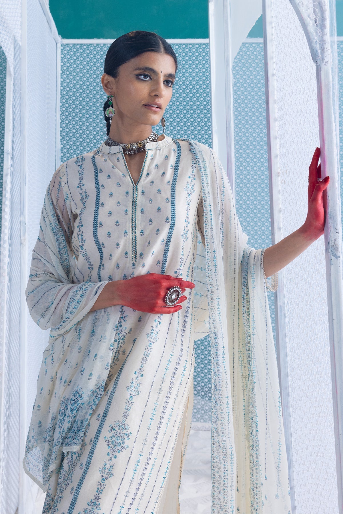Cream Printed Kurta 3 Pcs Set