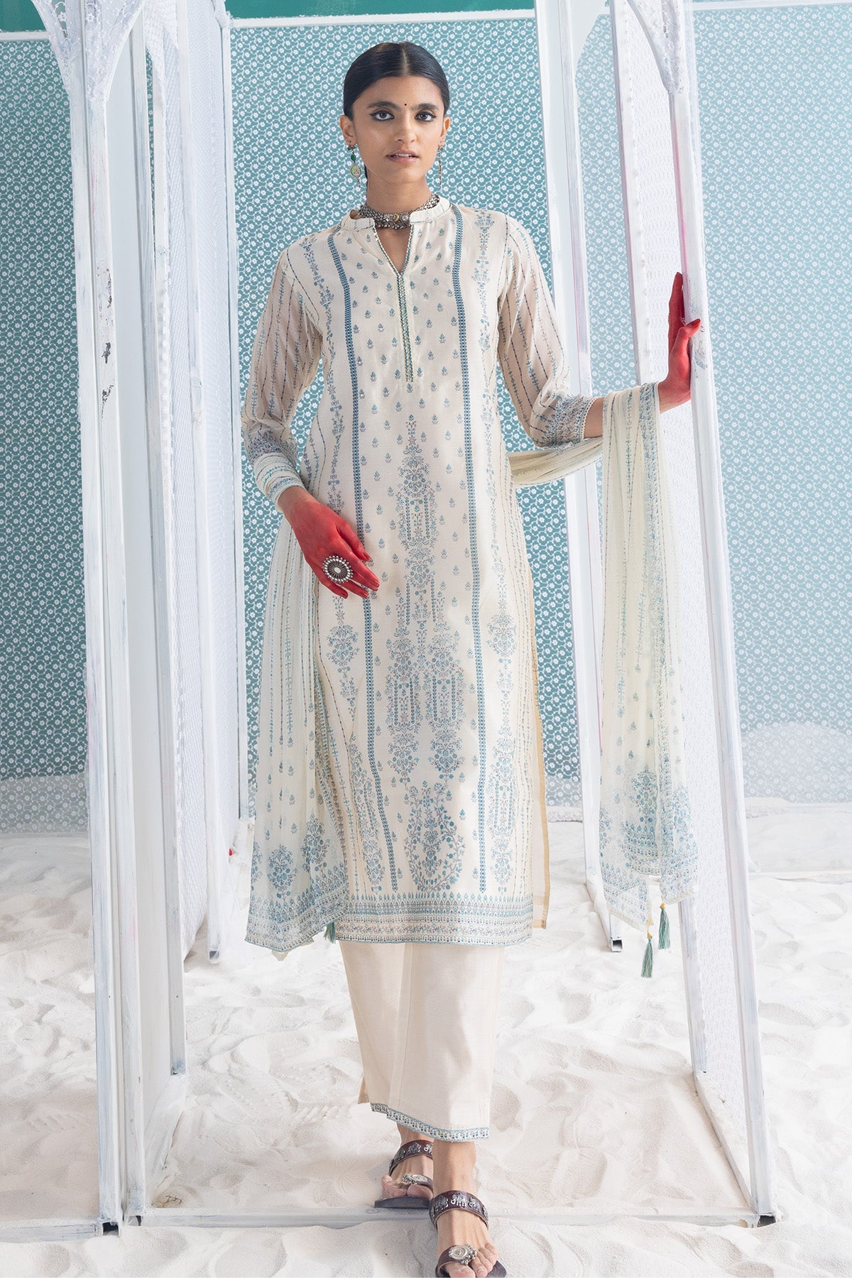 Cream Printed Kurta 3 Pcs Set