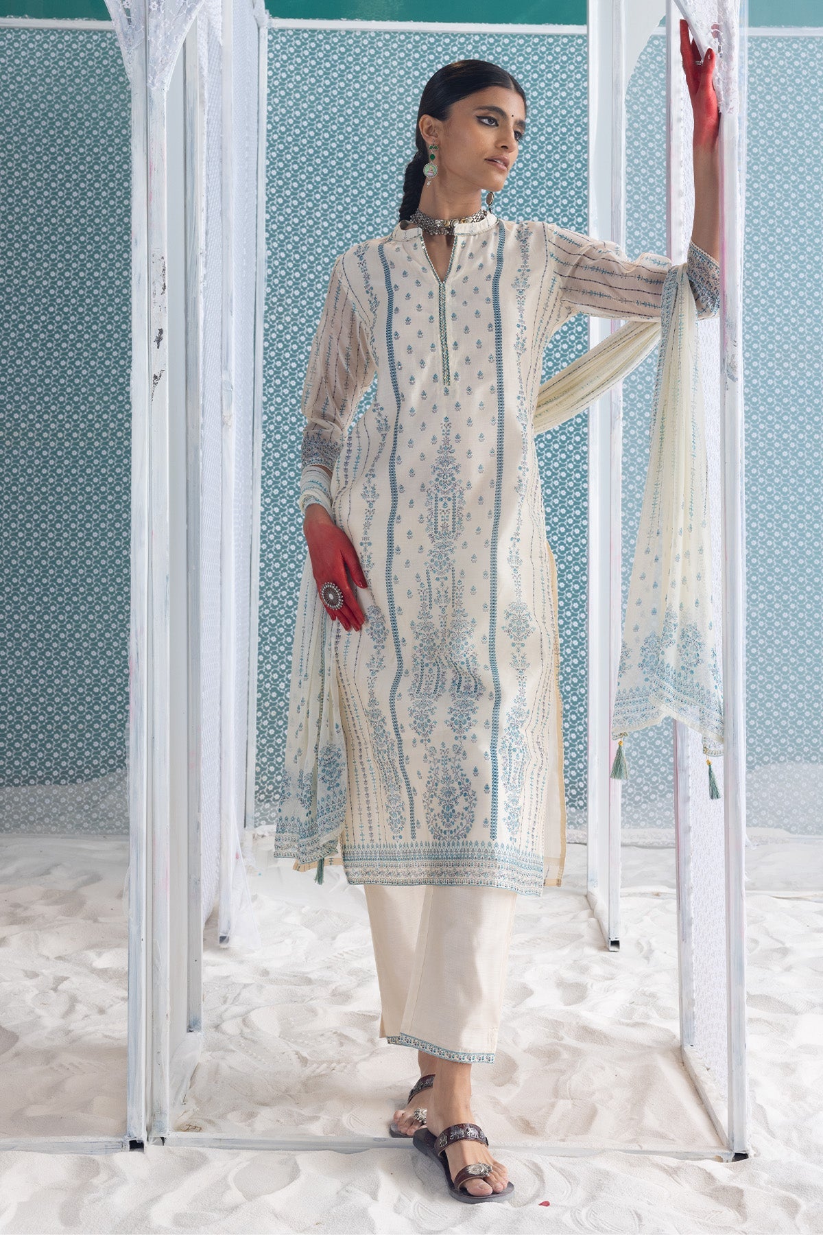 Cream Printed Kurta 3 Pcs Set