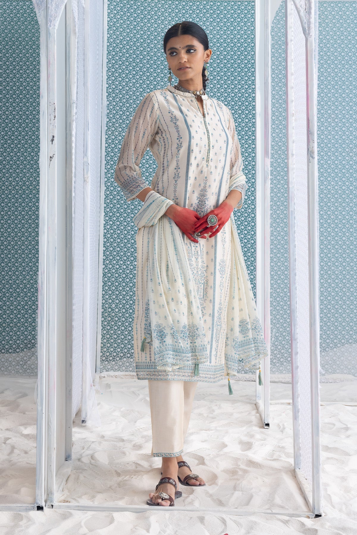 Cream Printed Kurta 3 Pcs Set