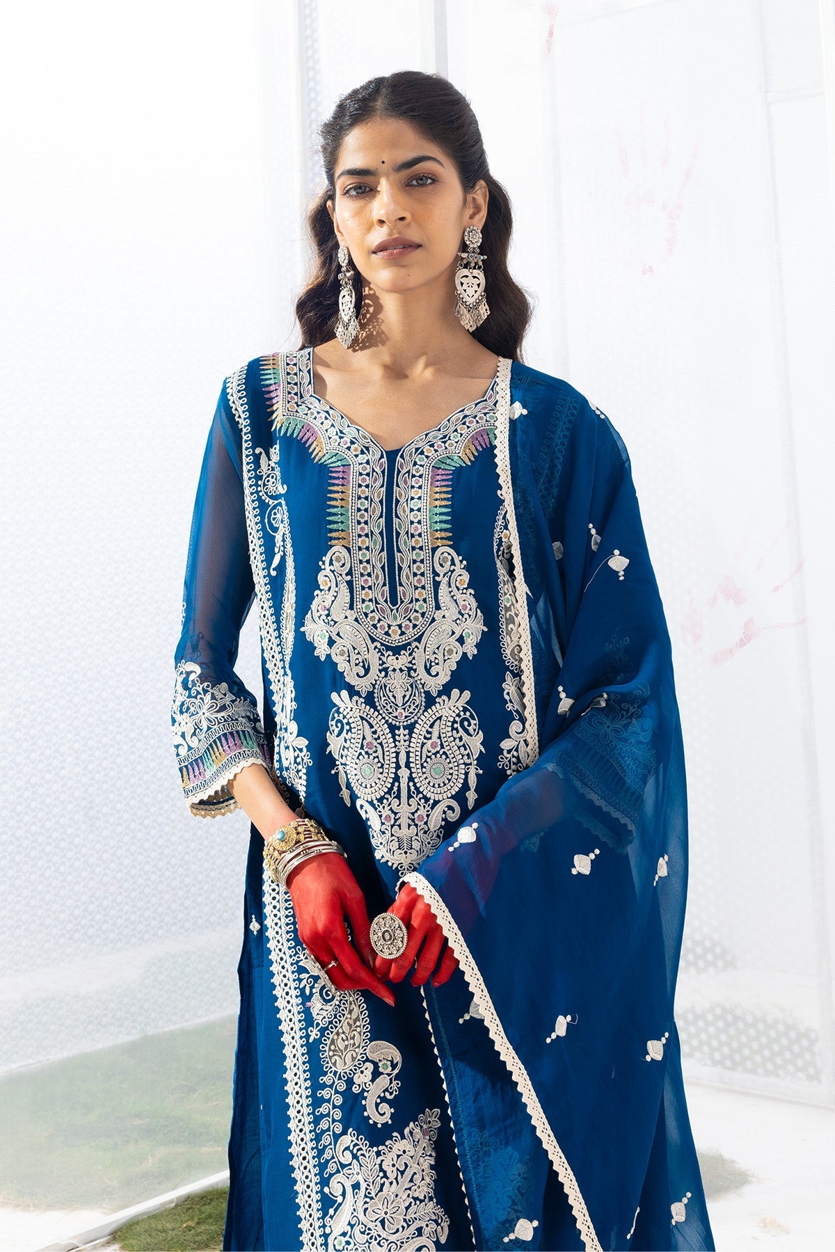 Blue Embroidered Straight Kurta 3 Pcs Set