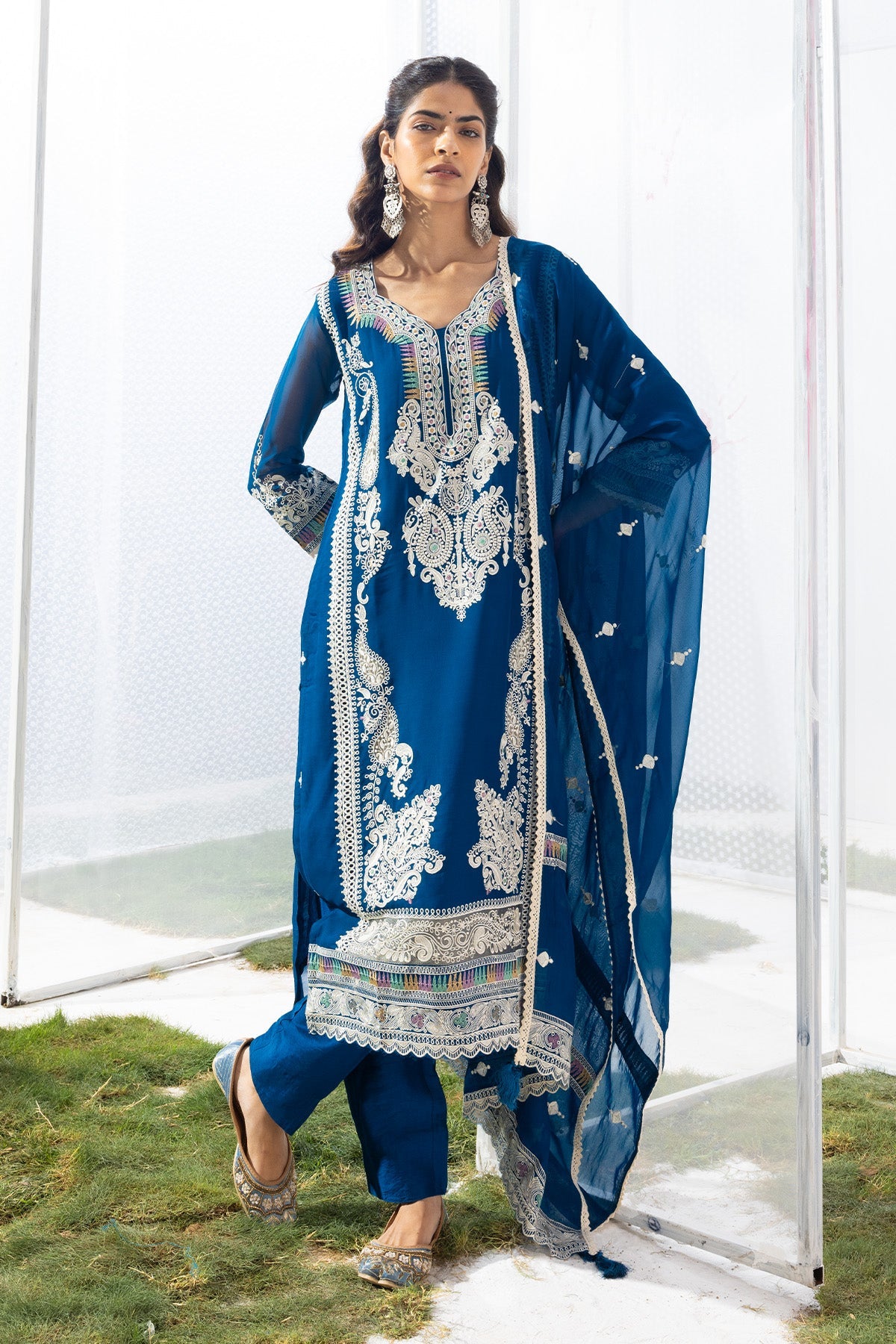 Blue Embroidered Straight Kurta 3 Pcs Set