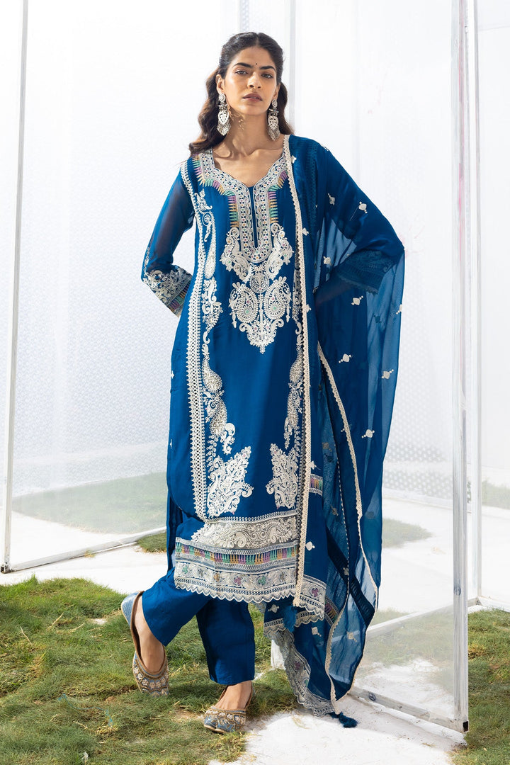 Blue Embroidered Straight Kurta Set