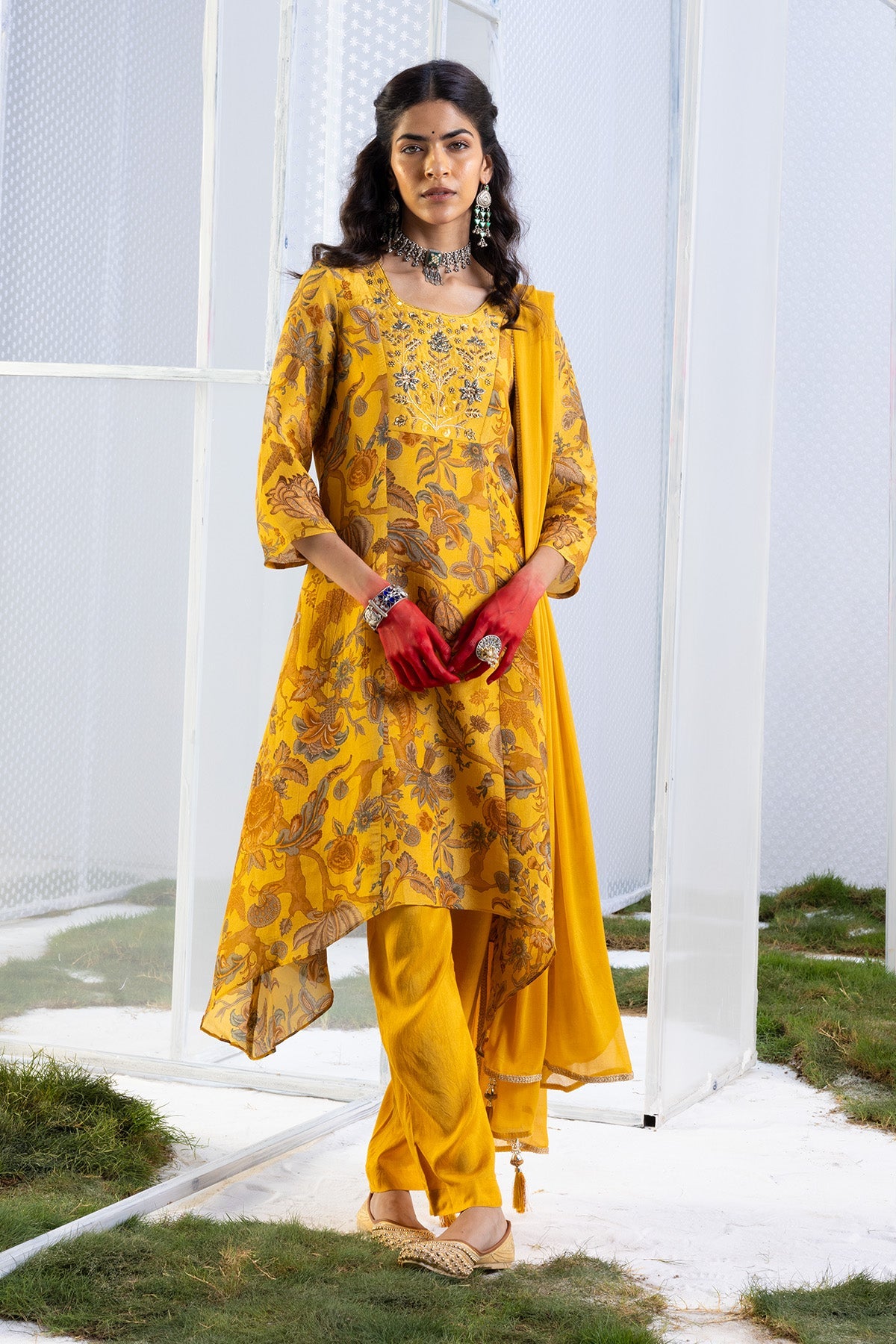 Mustard Floral Yoke-Embellished Kurta Set.