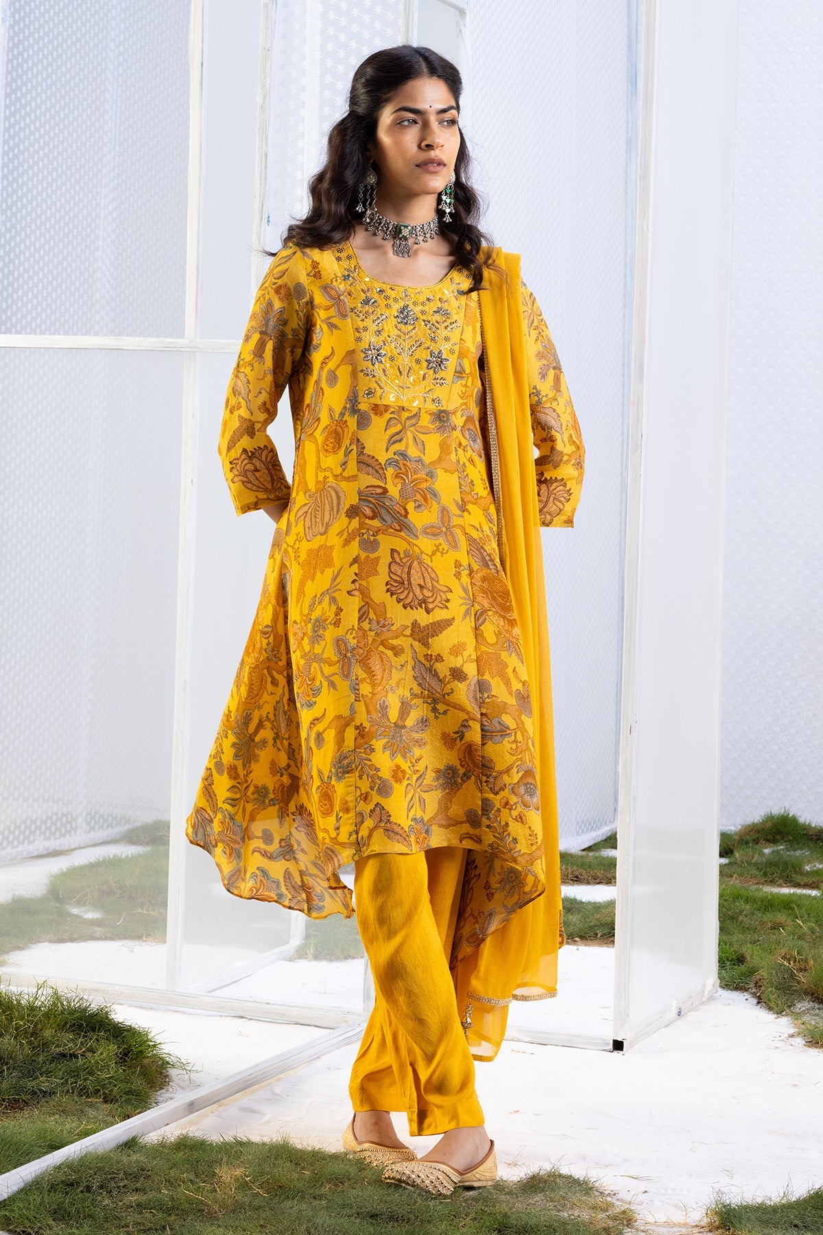 Mustard Floral Yoke-Embellished Kurta Set.