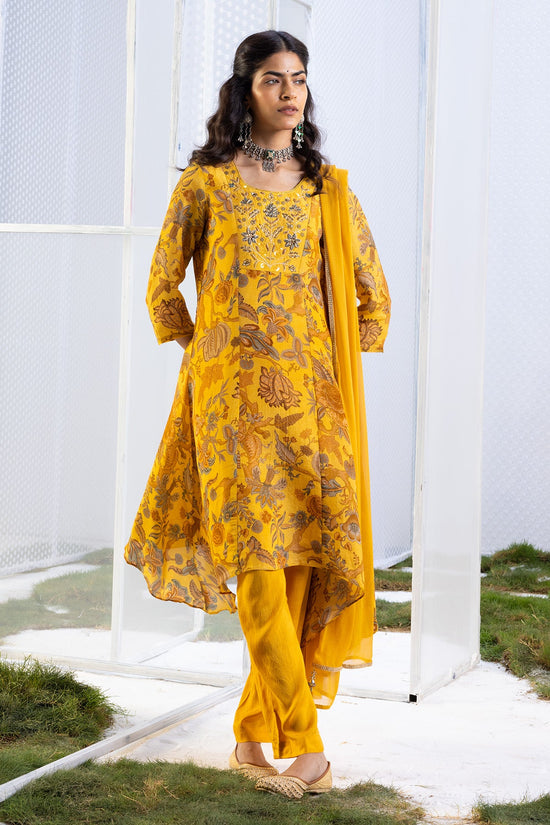 Mustard Floral Yoke-Embellished Kurta Set.
