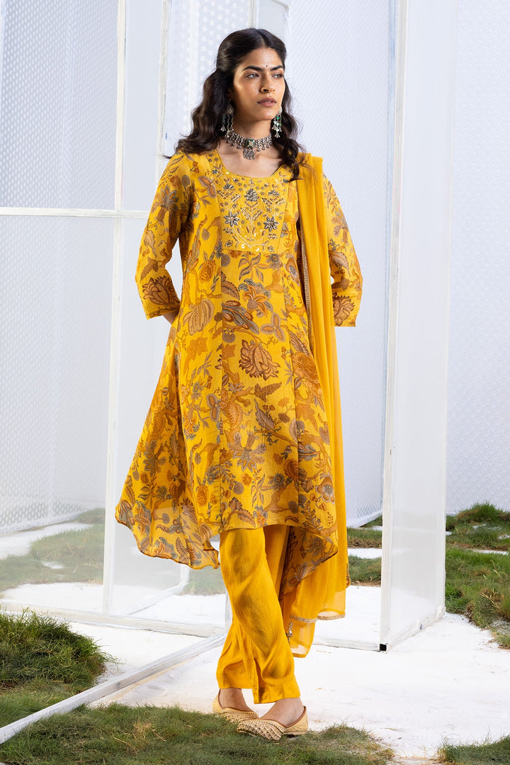 Mustard Floral Yoke-Embellished Kurta Set.