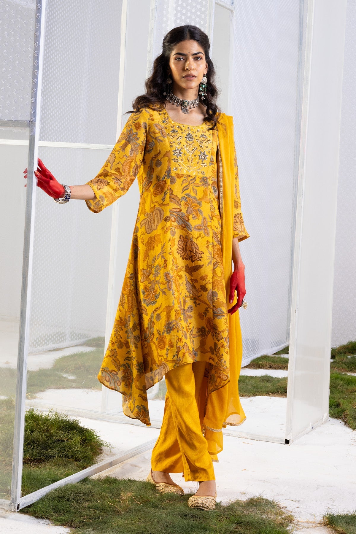 Mustard Floral Yoke-Embellished Kurta Set.
