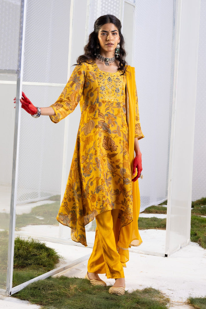 Mustard Floral Yoke-Embellished Kurta Set.