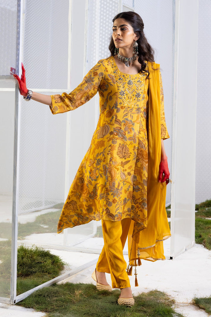 Mustard Floral Yoke-Embellished Kurta Set.