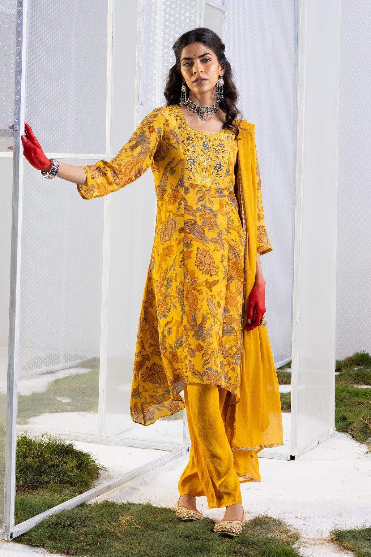 Mustard Floral Yoke-Embellished Kurta Set.