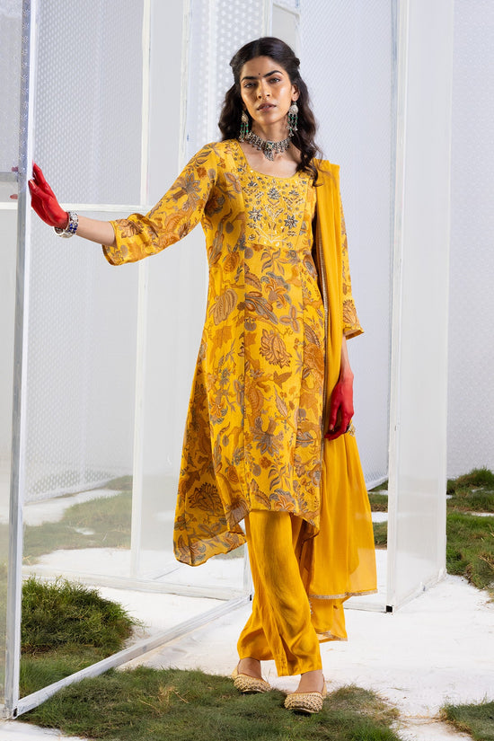Mustard Floral Yoke-Embellished Kurta Set.