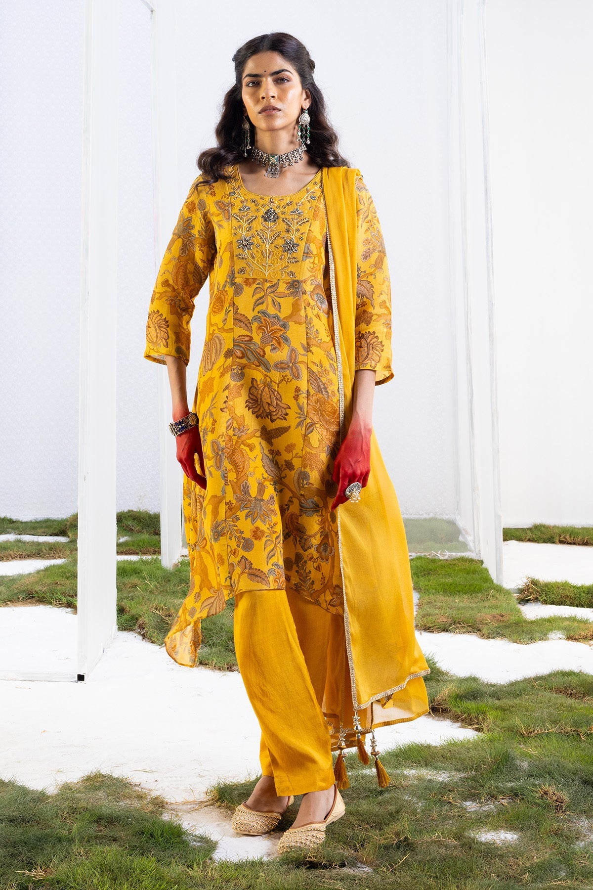 Mustard Floral Yoke-Embellished Kurta Set.