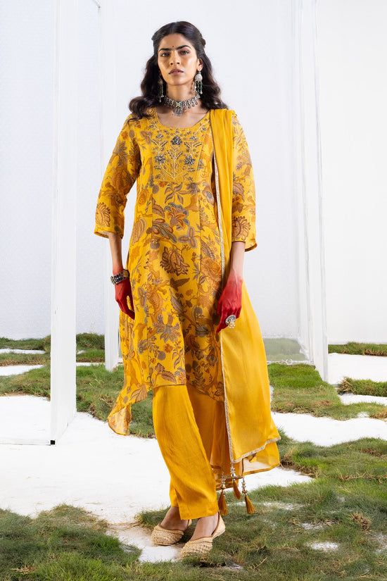 Mustard Floral Yoke-Embellished Kurta Set.