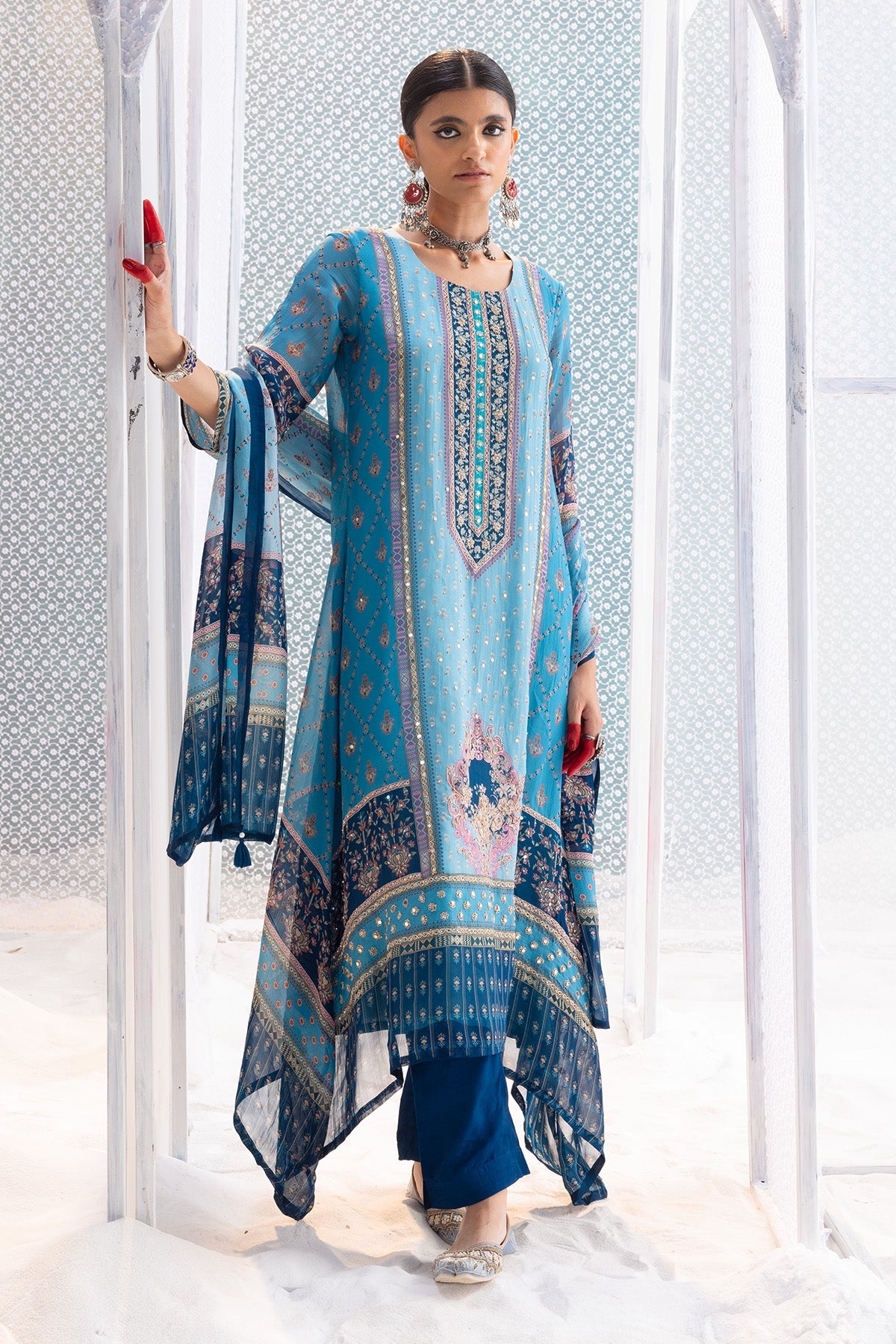 Blue Printed and Embellished Kurta 3 Pcs Set
