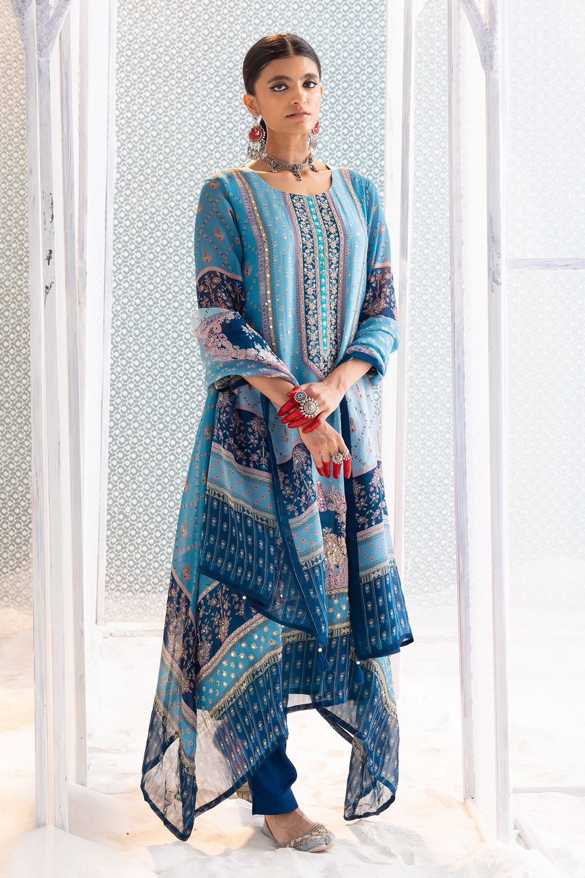 Blue Printed and Embellished Kurta 3 Pcs Set