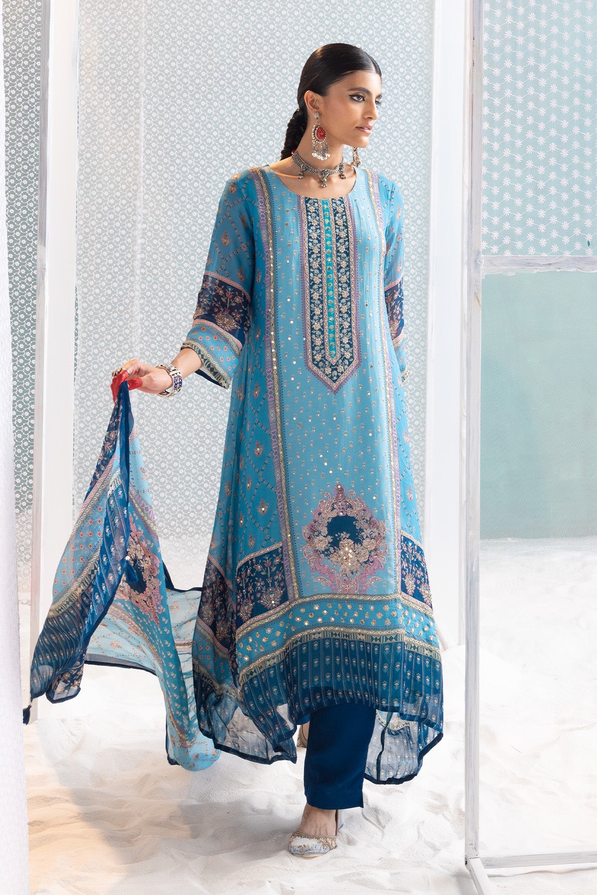 Blue Printed and Embellished Kurta 3 Pcs Set