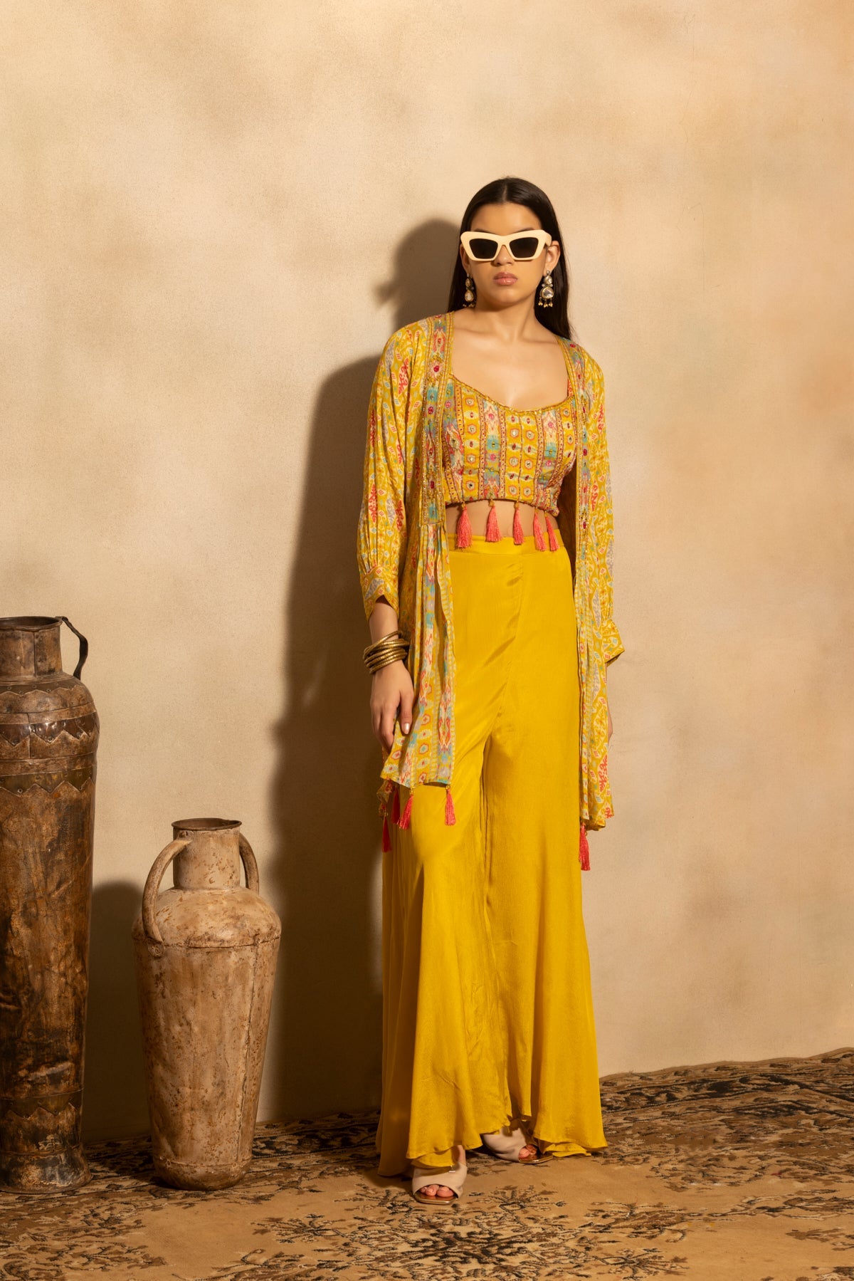 Yellow Embellished Flared Kurta 3 Pcs Set