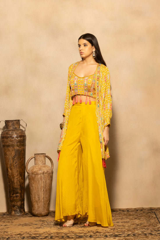 Yellow Embellished Flared Kurta 3 Pcs Set