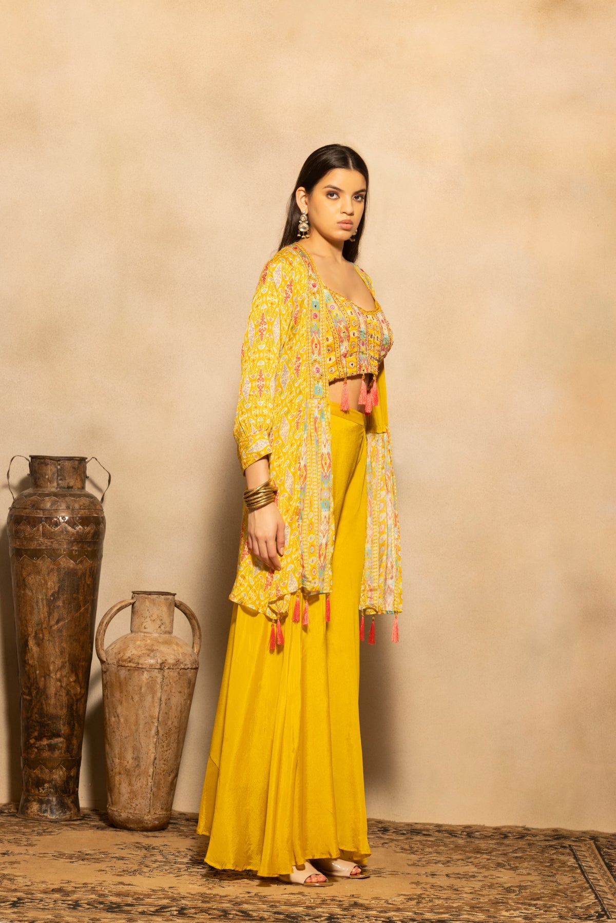 Yellow Embellished Flared Kurta 3 Pcs Set