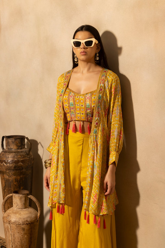 Yellow Embellished Flared Kurta 3 Pcs Set