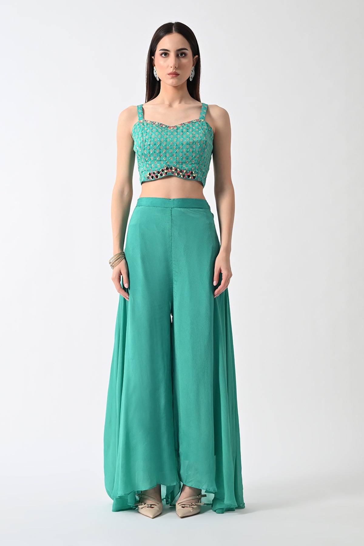 Green Dress with A Printed Shrug