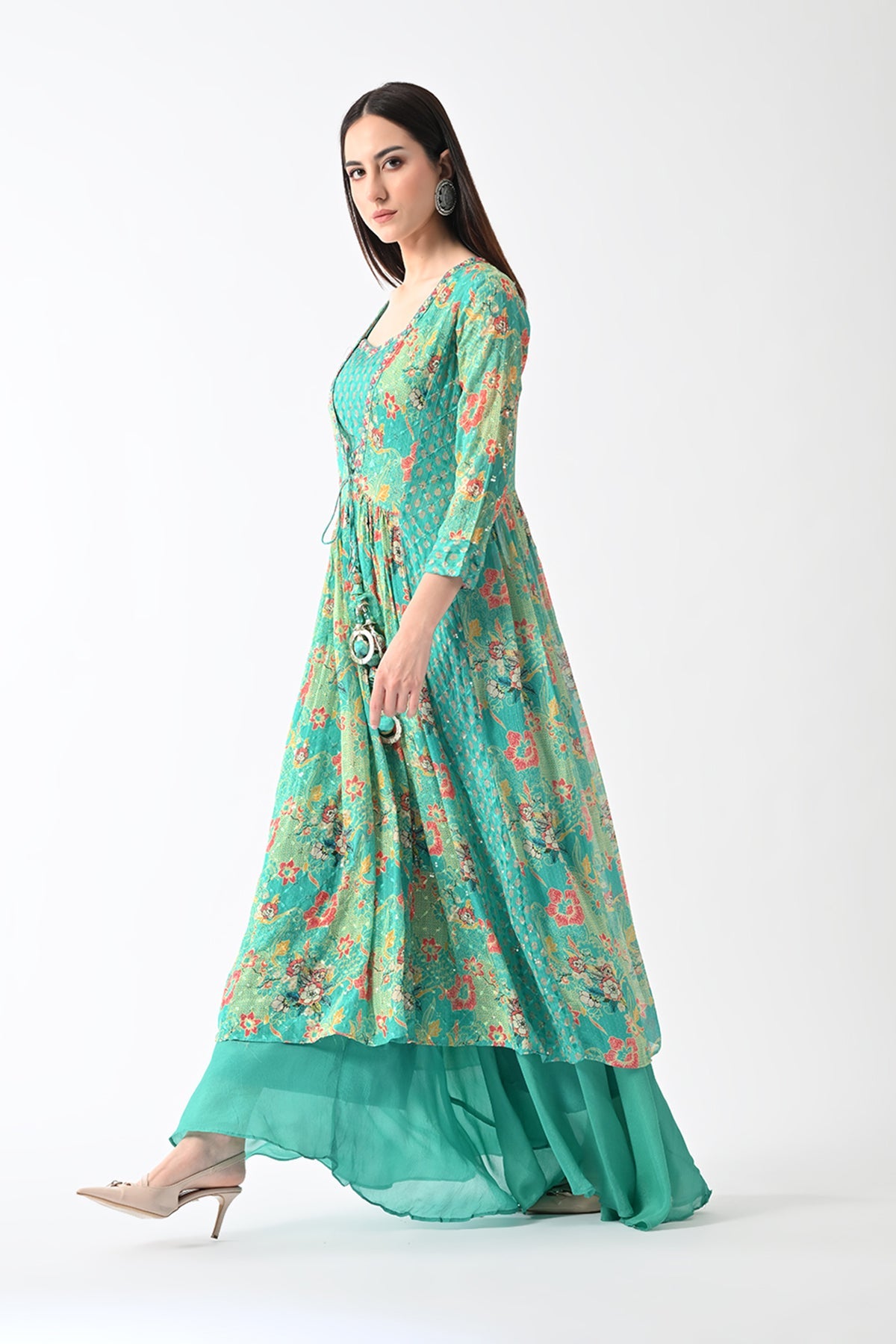 Green Dress with A Printed Shrug