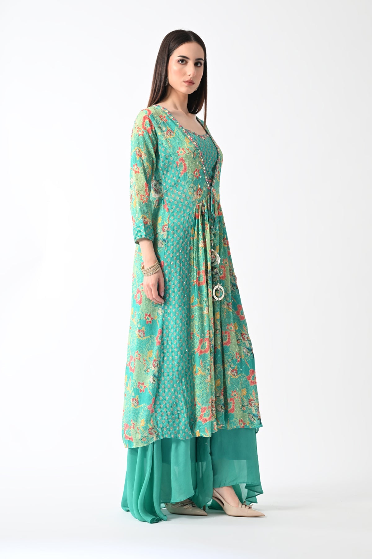 Green Dress with A Printed Shrug