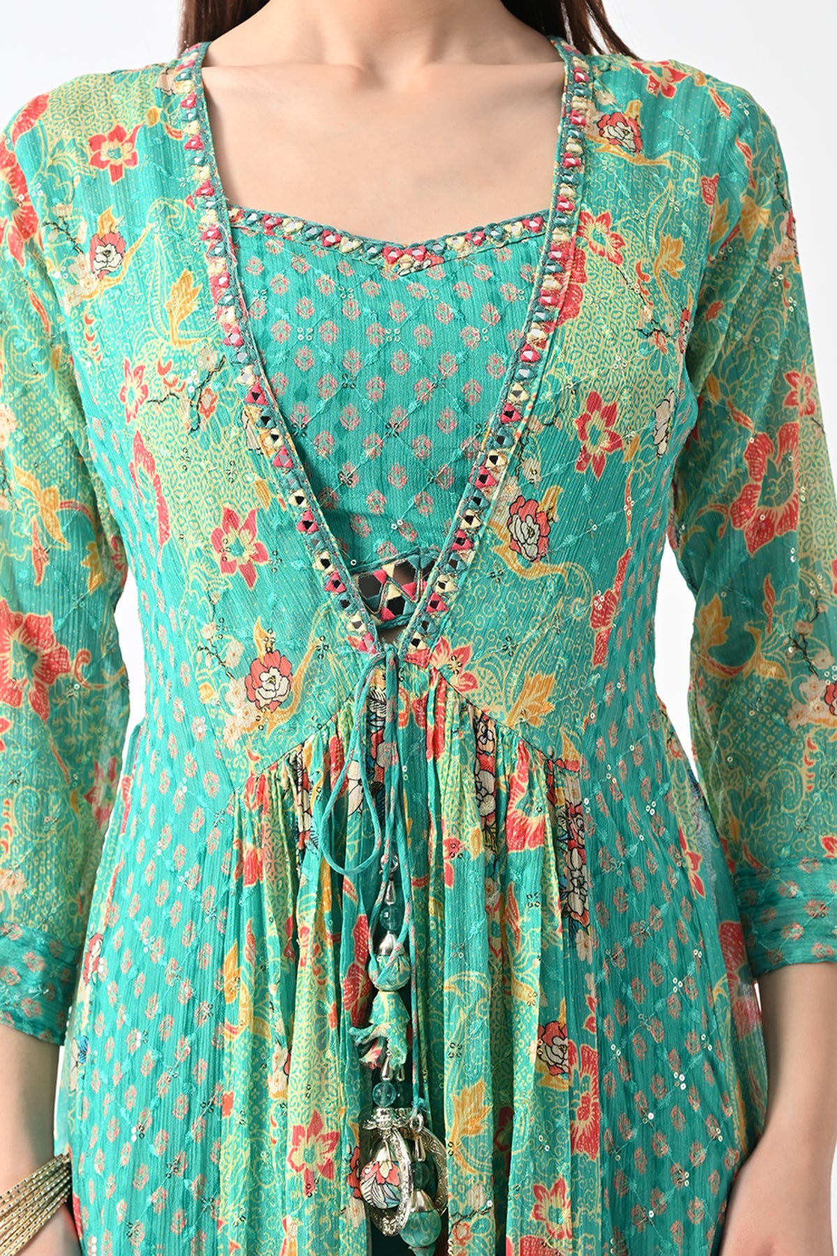 Green Dress with A Printed Shrug